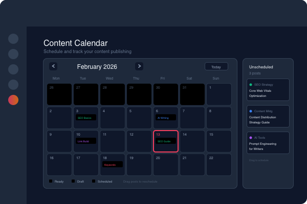 Monthly content calendar with drag-and-drop scheduling, color-coded posts by pillar, and unscheduled posts sidebar
