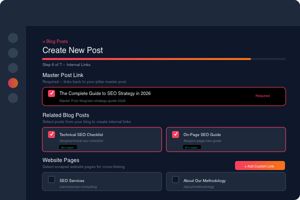 Smart internal linking suggestions powered by vector similarity search showing relevant pages to link